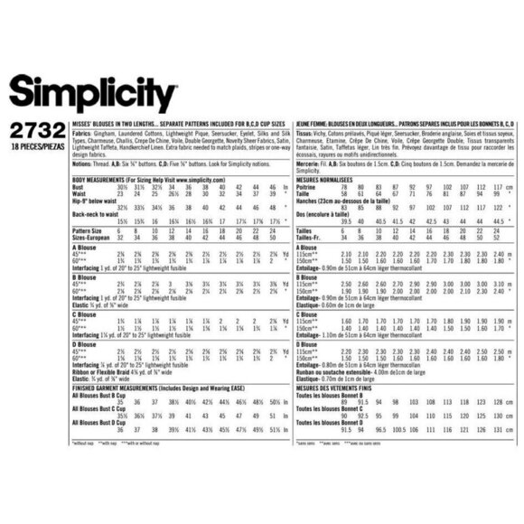 Simplicity Sewing Pattern 2732 Blouse Top Shirt Misses Size 16-24 - Picture 2 of 2